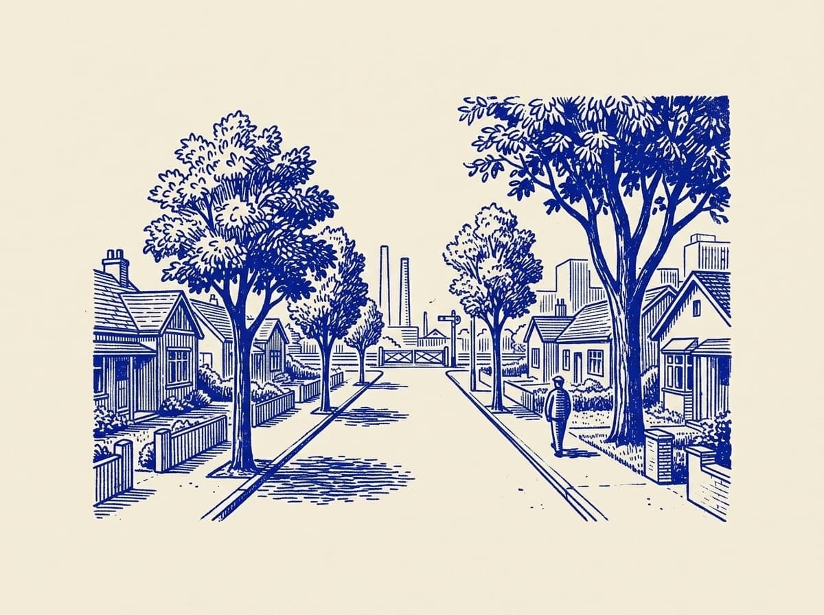Coghlan, ilustración grabada en azul cobalto sobre papel crema