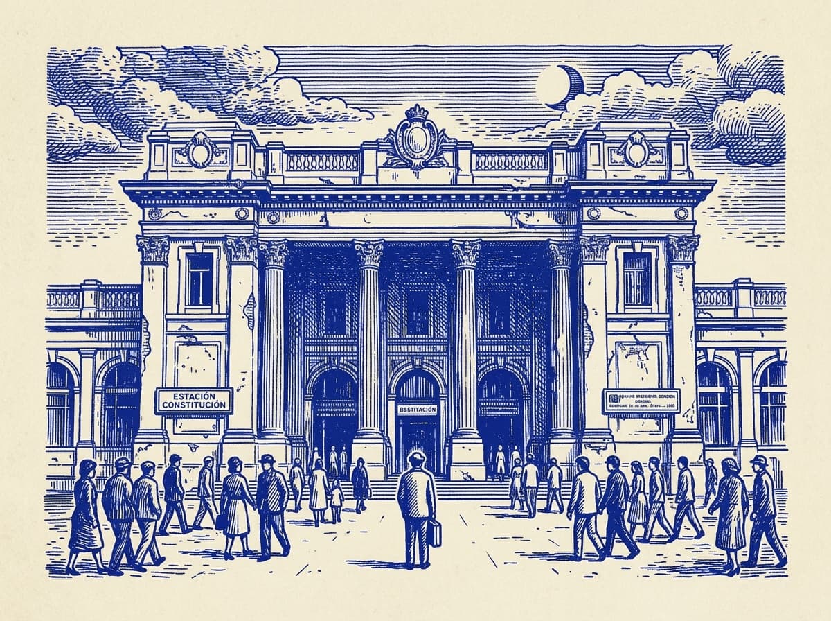 Constitucion, ilustración grabada en azul cobalto sobre papel crema