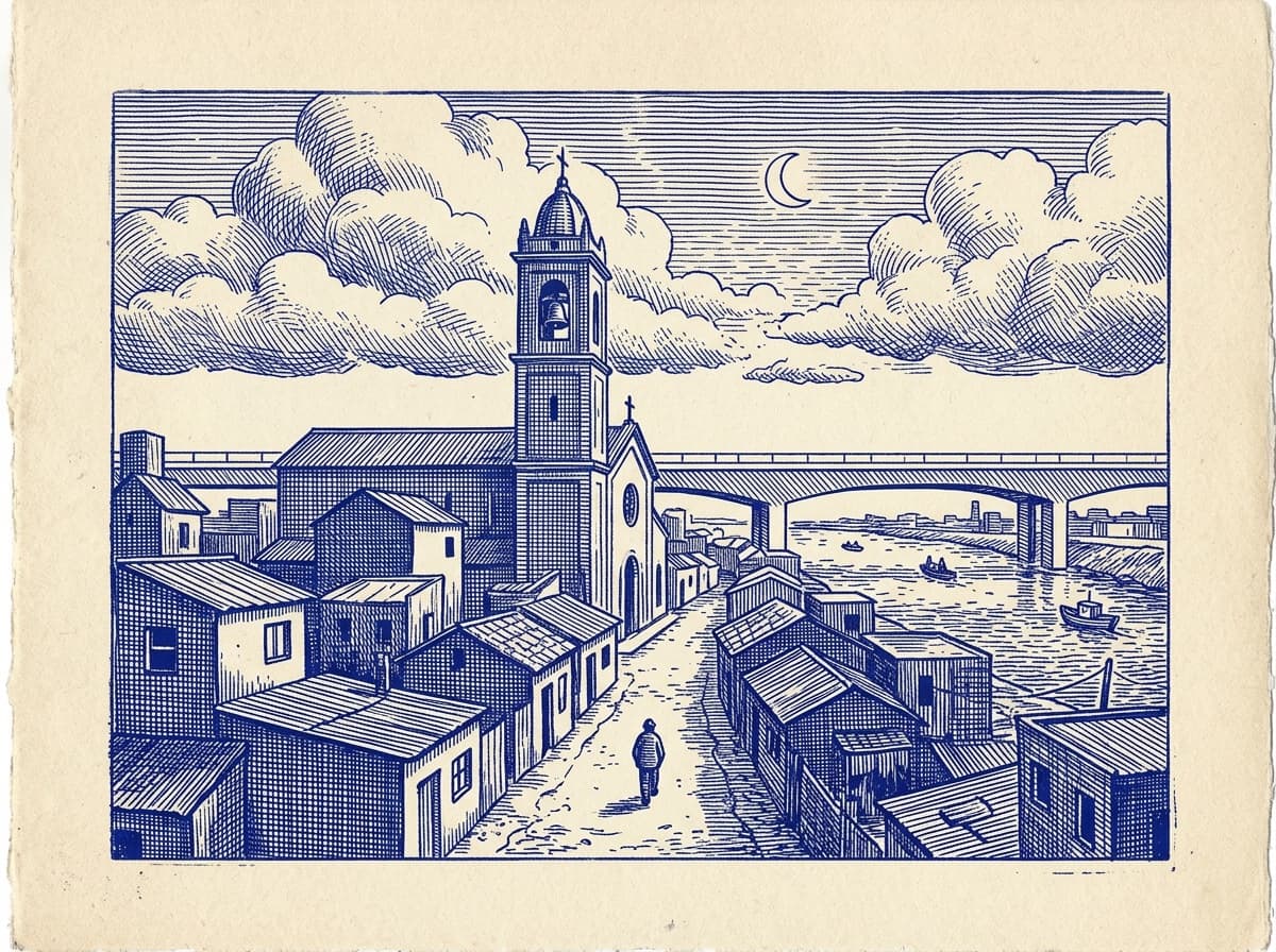 Nueva Pompeya, ilustración grabada en azul cobalto sobre papel crema