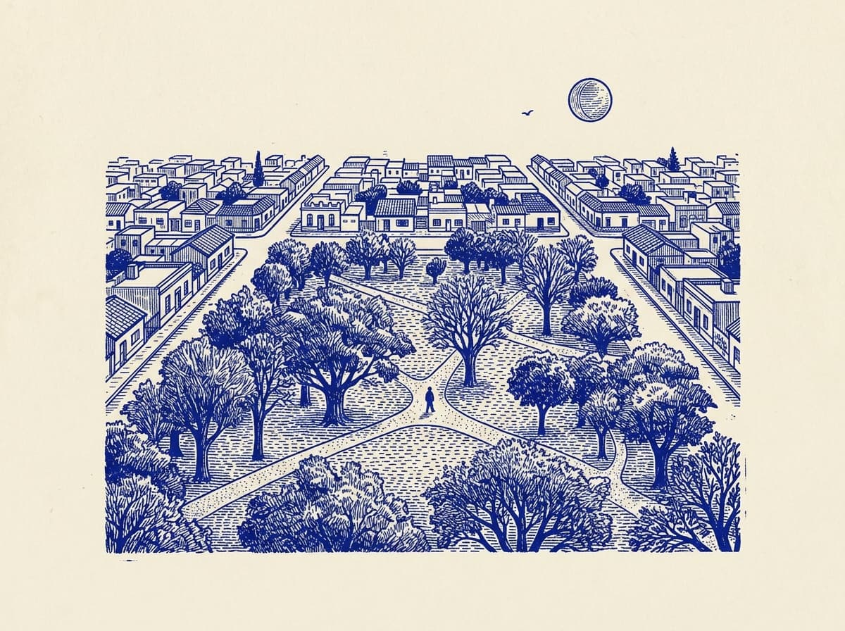 Parque Avellaneda, ilustración grabada en azul cobalto sobre papel crema
