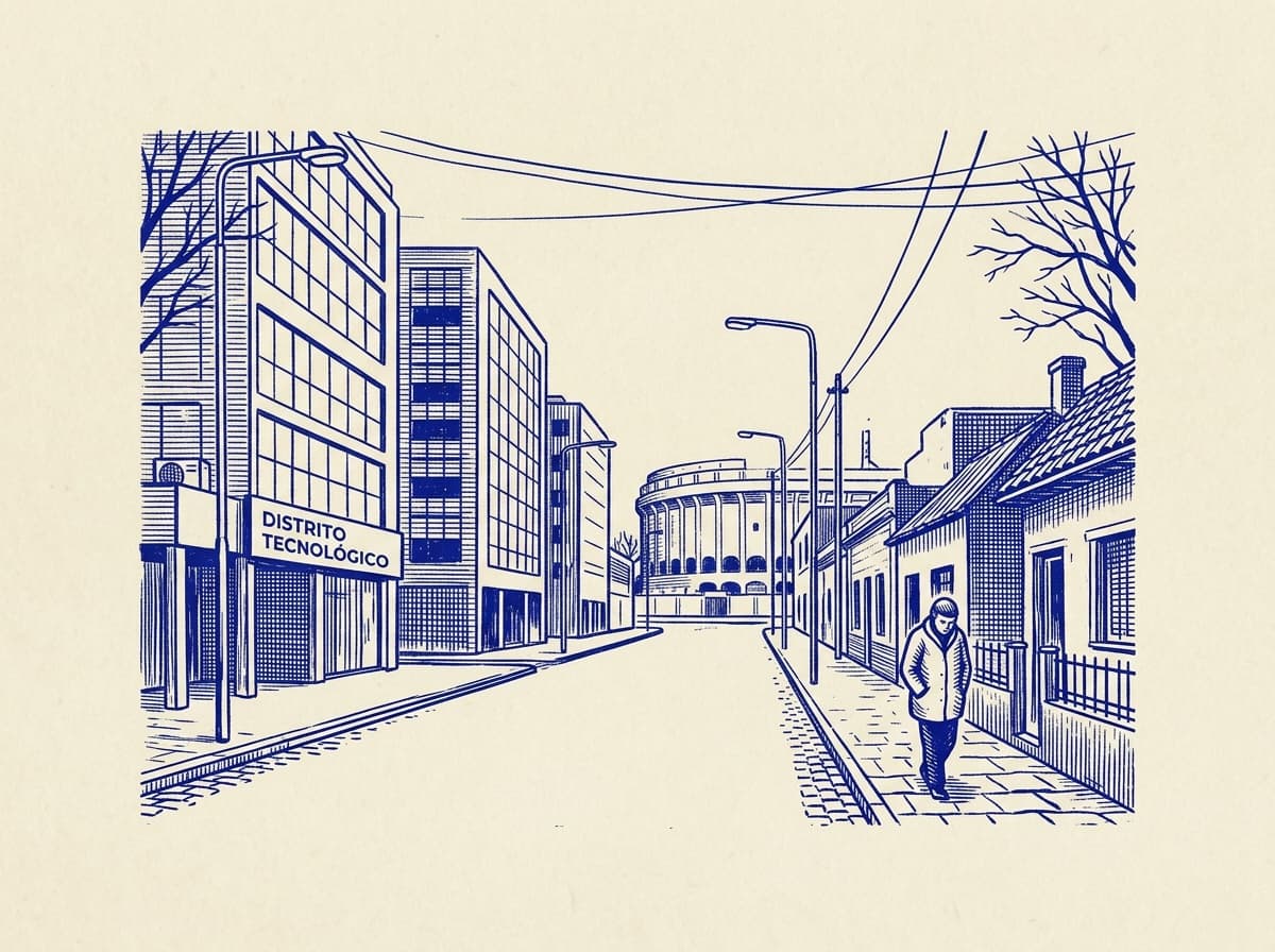 Parque Patricios, ilustración grabada en azul cobalto sobre papel crema