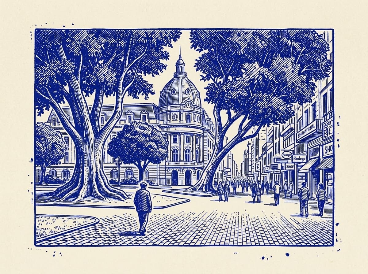 Retiro, ilustración grabada en azul cobalto sobre papel crema