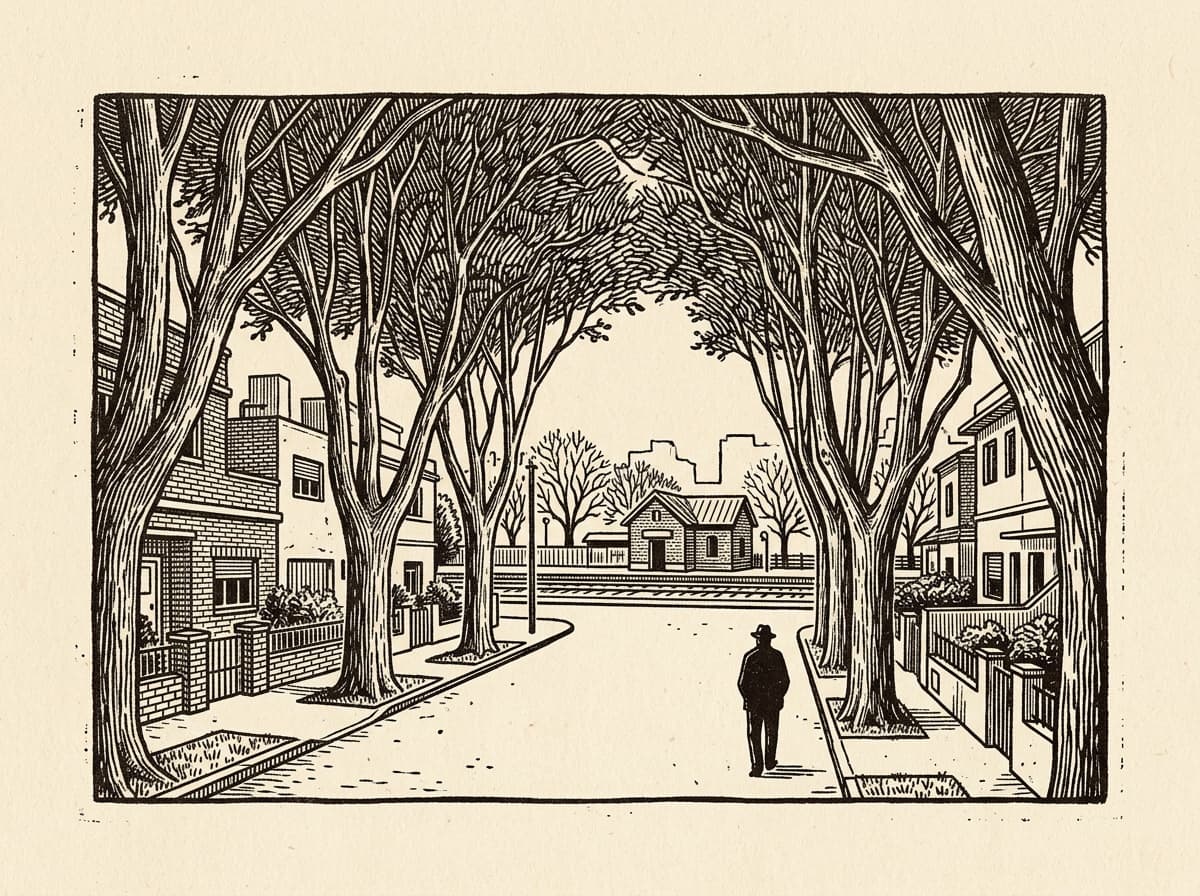 Villa Del Parque, ilustración grabada en azul cobalto sobre papel crema
