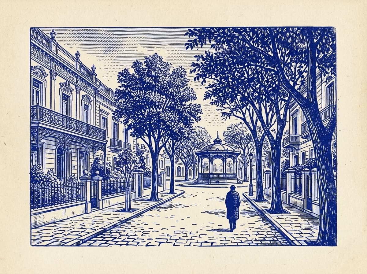 Villa Devoto, ilustración grabada en azul cobalto sobre papel crema