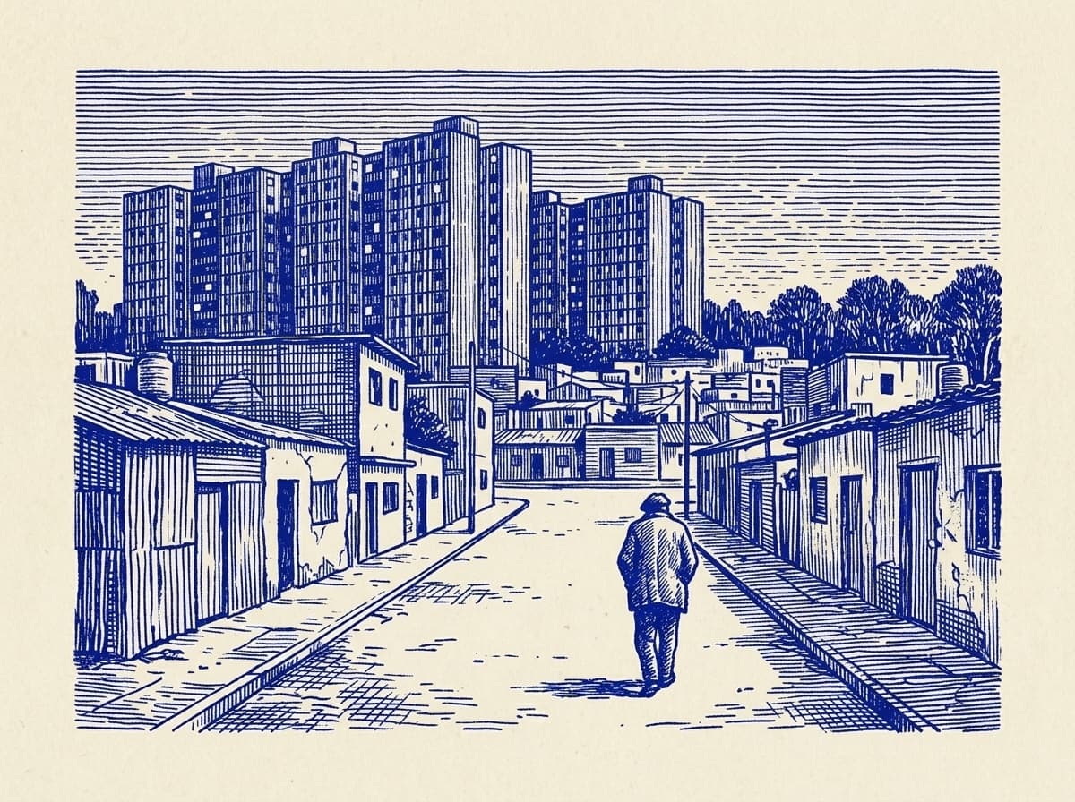 Villa Lugano, ilustración grabada en azul cobalto sobre papel crema