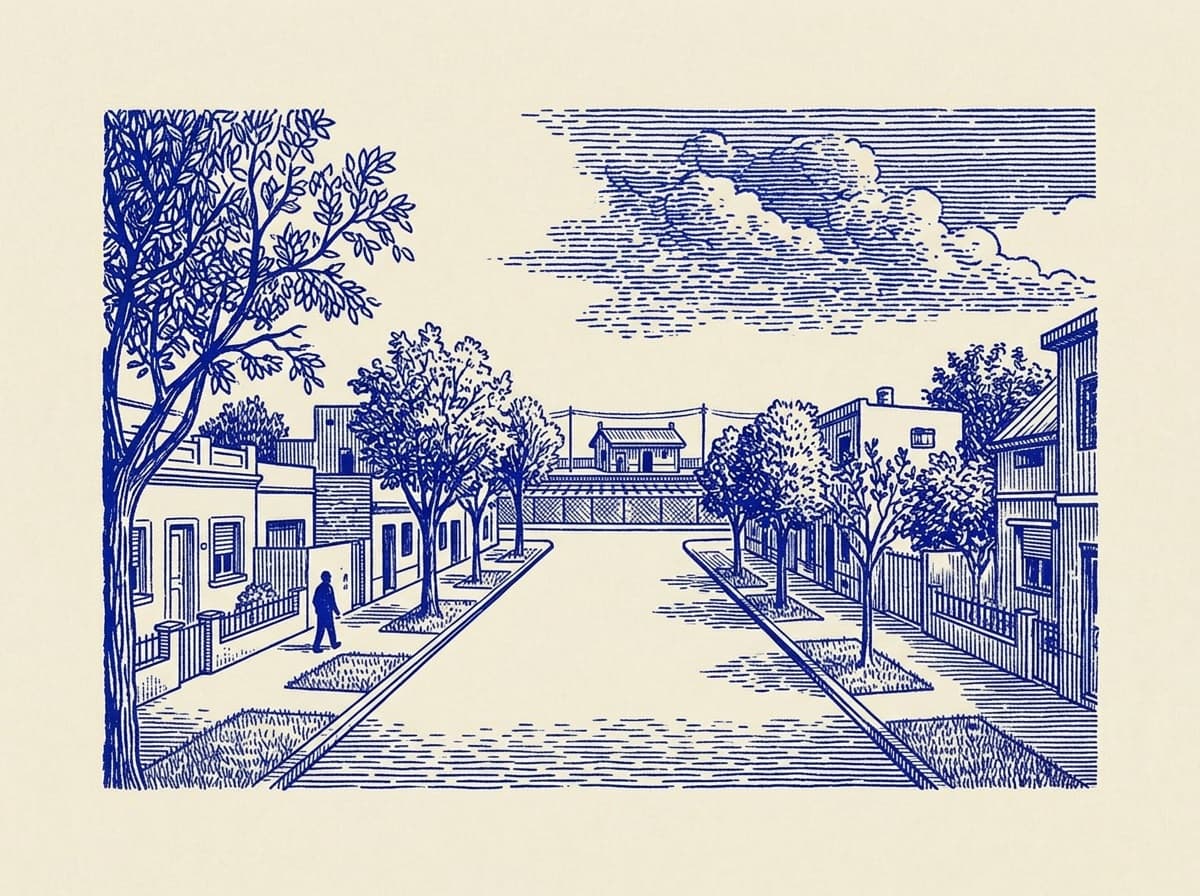 Villa Luro, ilustración grabada en azul cobalto sobre papel crema