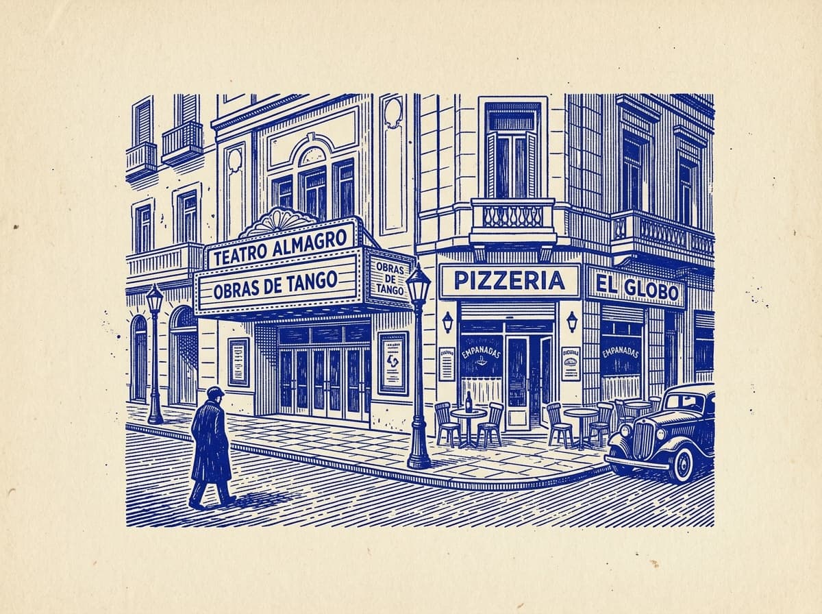 Almagro, ilustración grabada en azul cobalto sobre papel crema