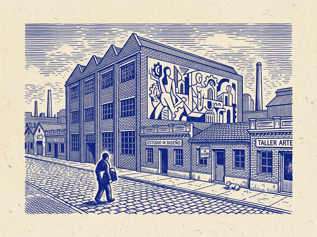 Barracas, ilustración grabada en azul cobalto sobre papel crema