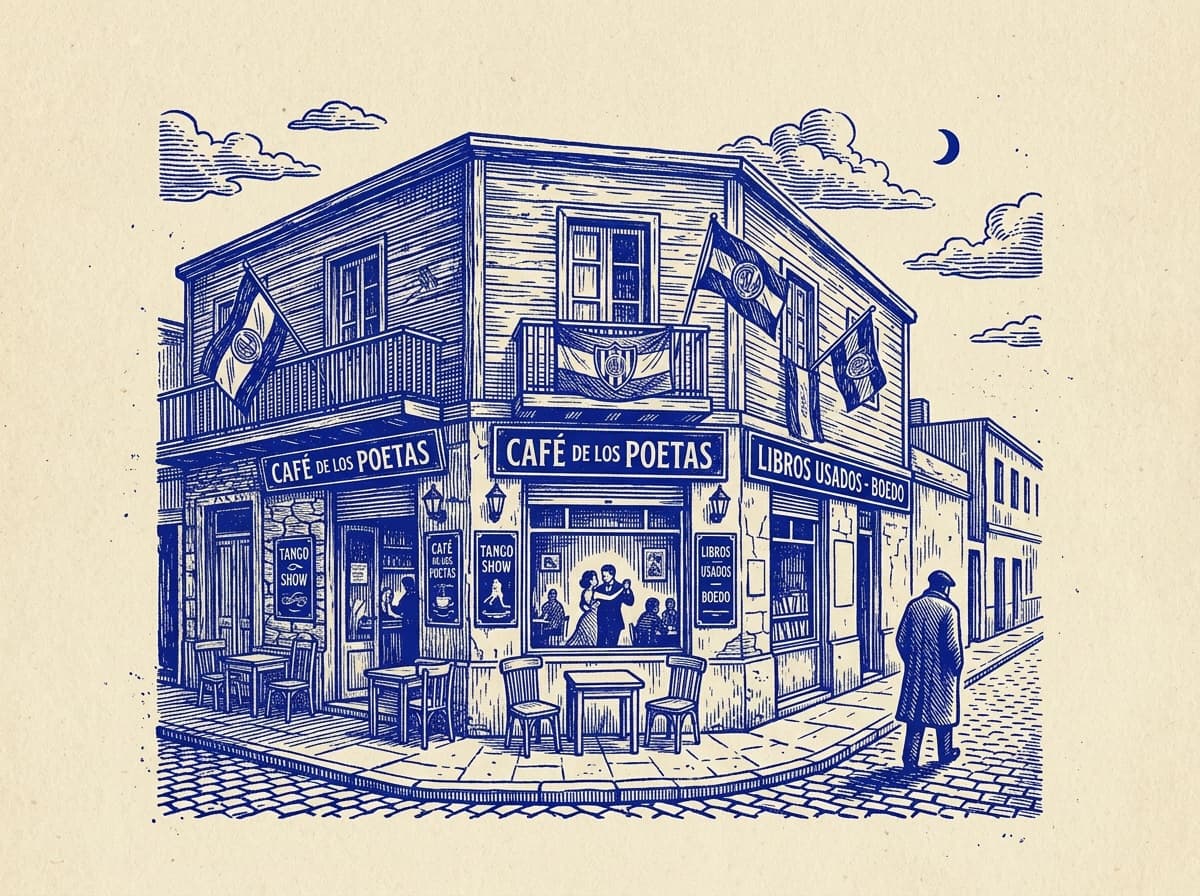 Boedo, ilustración grabada en azul cobalto sobre papel crema