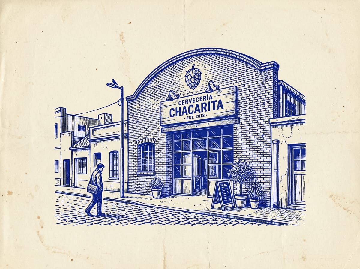 Chacarita, ilustración grabada en azul cobalto sobre papel crema