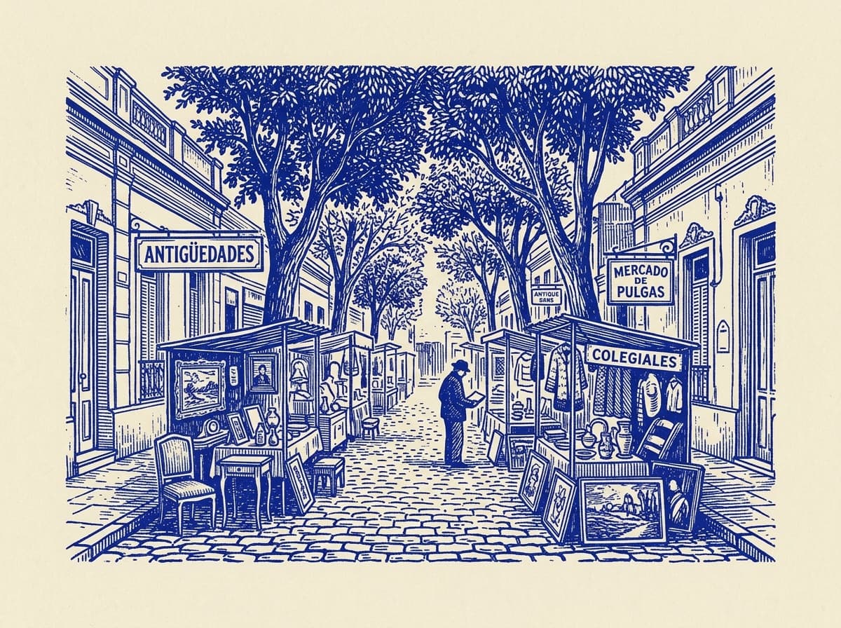 Colegiales, ilustración grabada en azul cobalto sobre papel crema