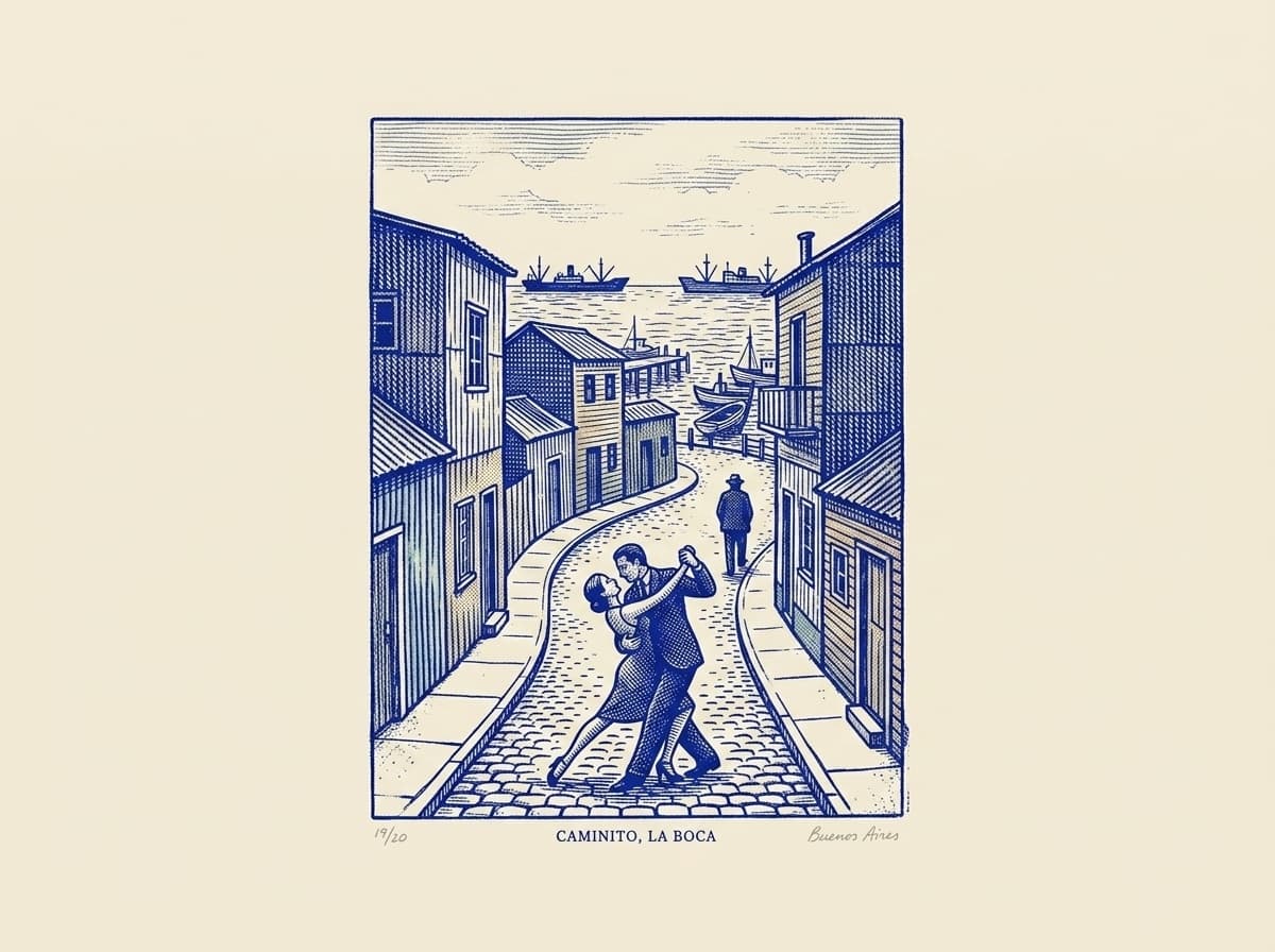La Boca, ilustración grabada en azul cobalto sobre papel crema