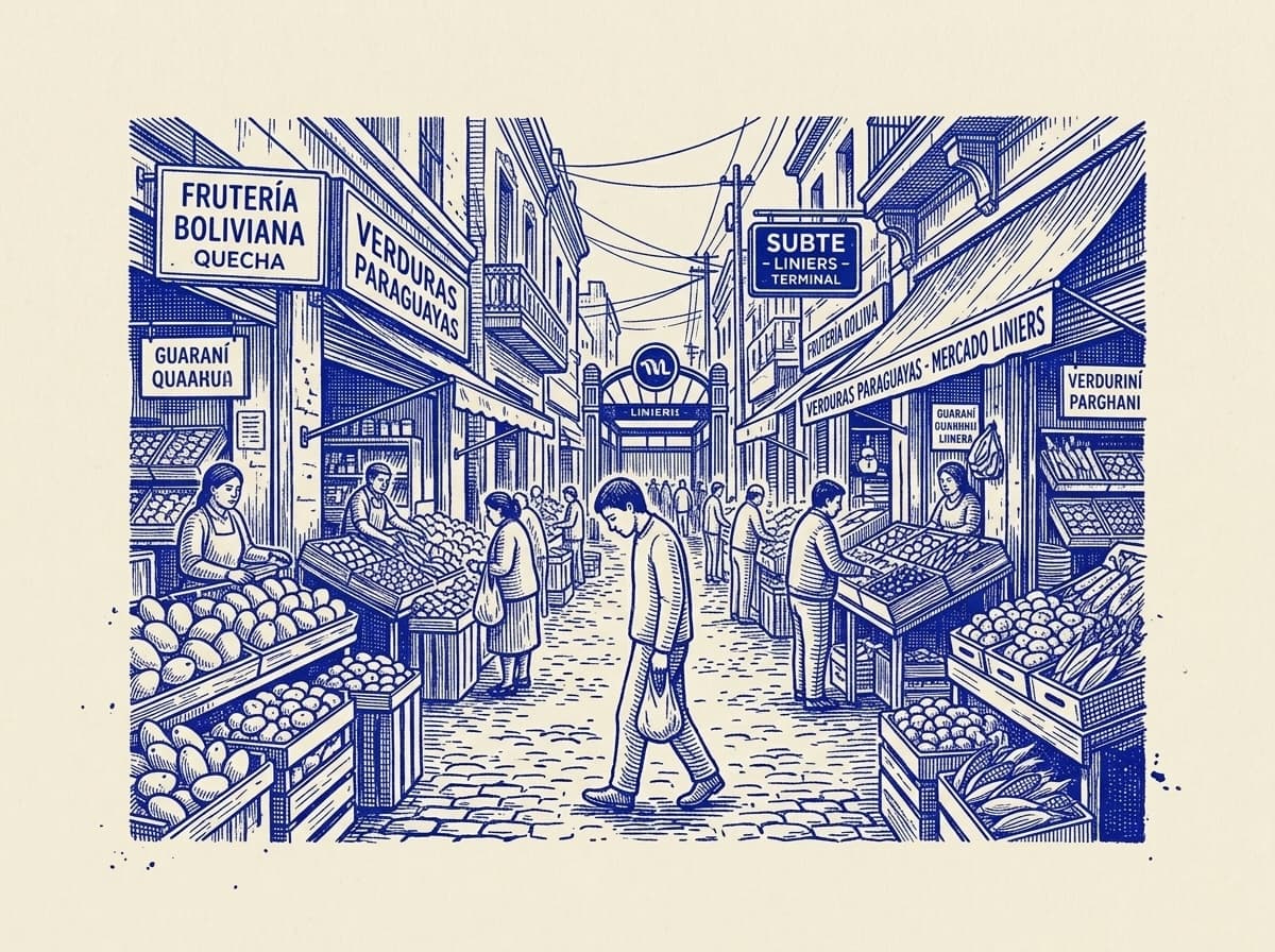 Liniers, ilustración grabada en azul cobalto sobre papel crema