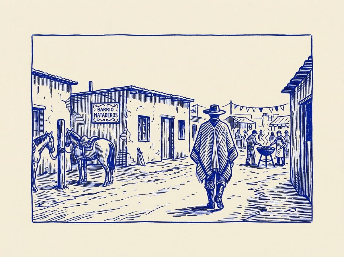 Mataderos, ilustración grabada en azul cobalto sobre papel crema