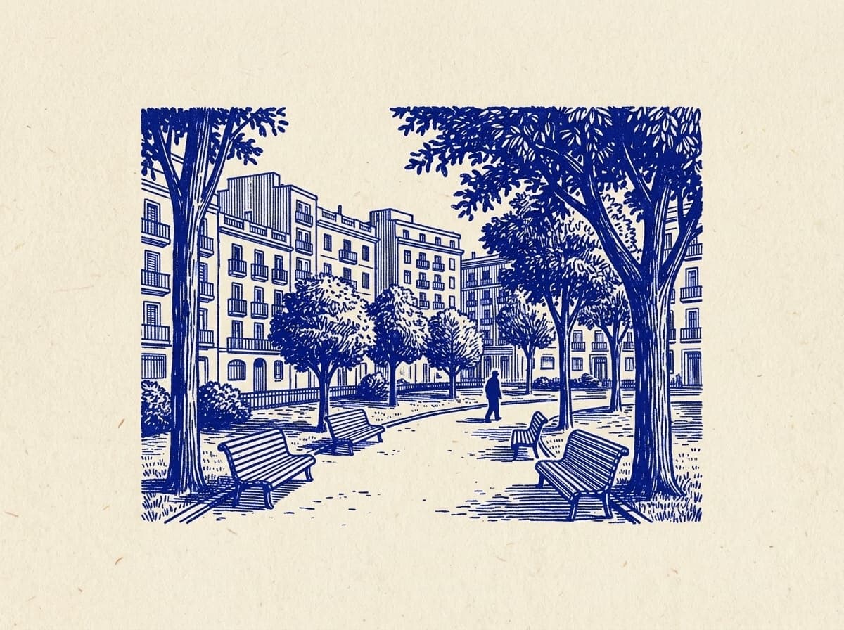 Parque Chacabuco, ilustración grabada en azul cobalto sobre papel crema