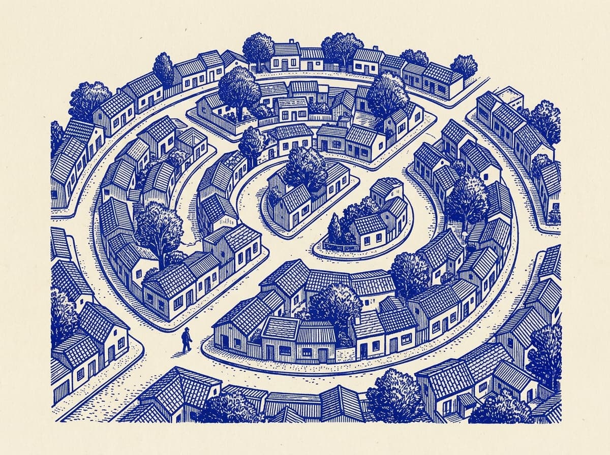 Parque Chas, ilustración grabada en azul cobalto sobre papel crema
