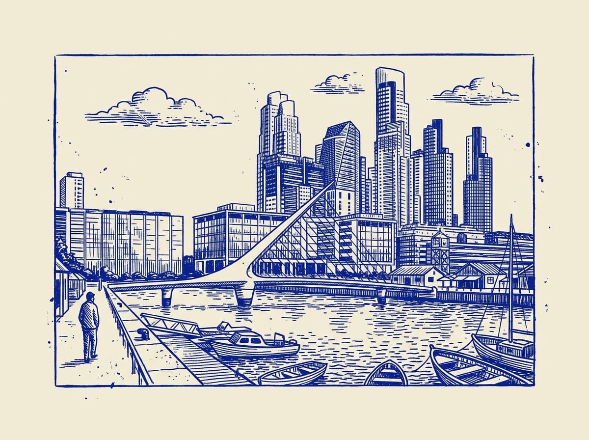 Puerto Madero, ilustración grabada en azul cobalto sobre papel crema