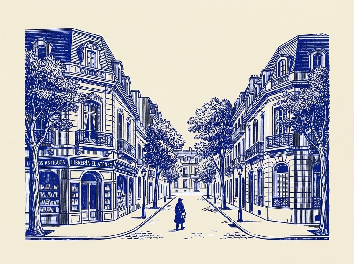 Recoleta, ilustración grabada en azul cobalto sobre papel crema