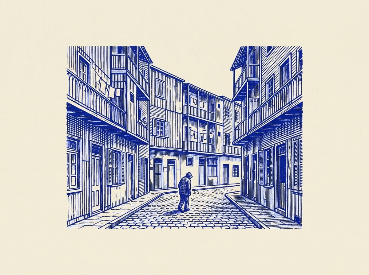 San Cristobal, ilustración grabada en azul cobalto sobre papel crema