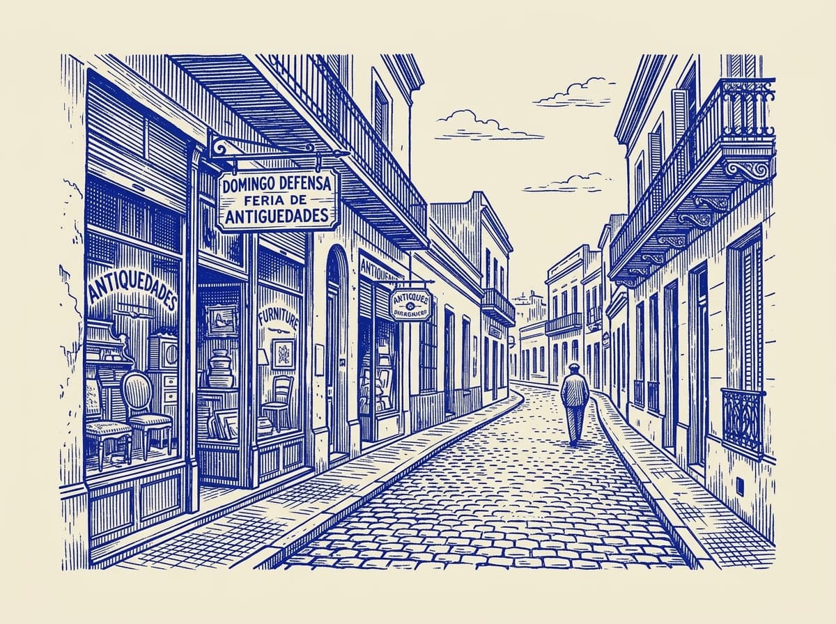 San Telmo, ilustración grabada en azul cobalto sobre papel crema