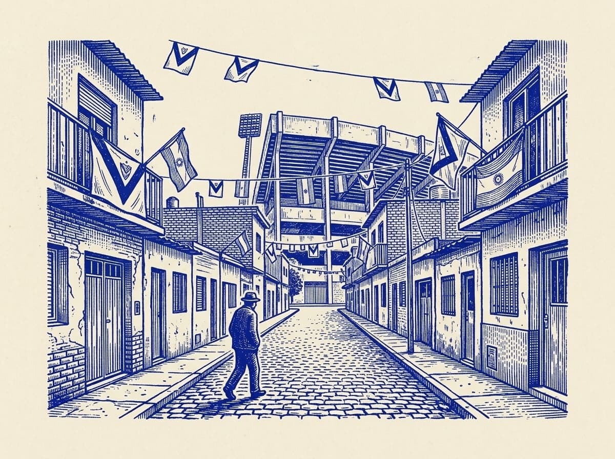 Velez Sarsfield, ilustración grabada en azul cobalto sobre papel crema