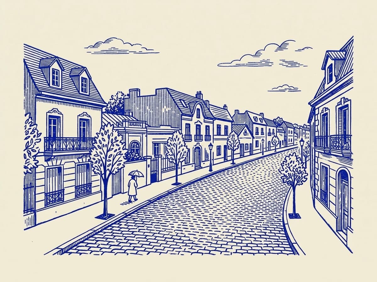 Versalles, ilustración grabada en azul cobalto sobre papel crema
