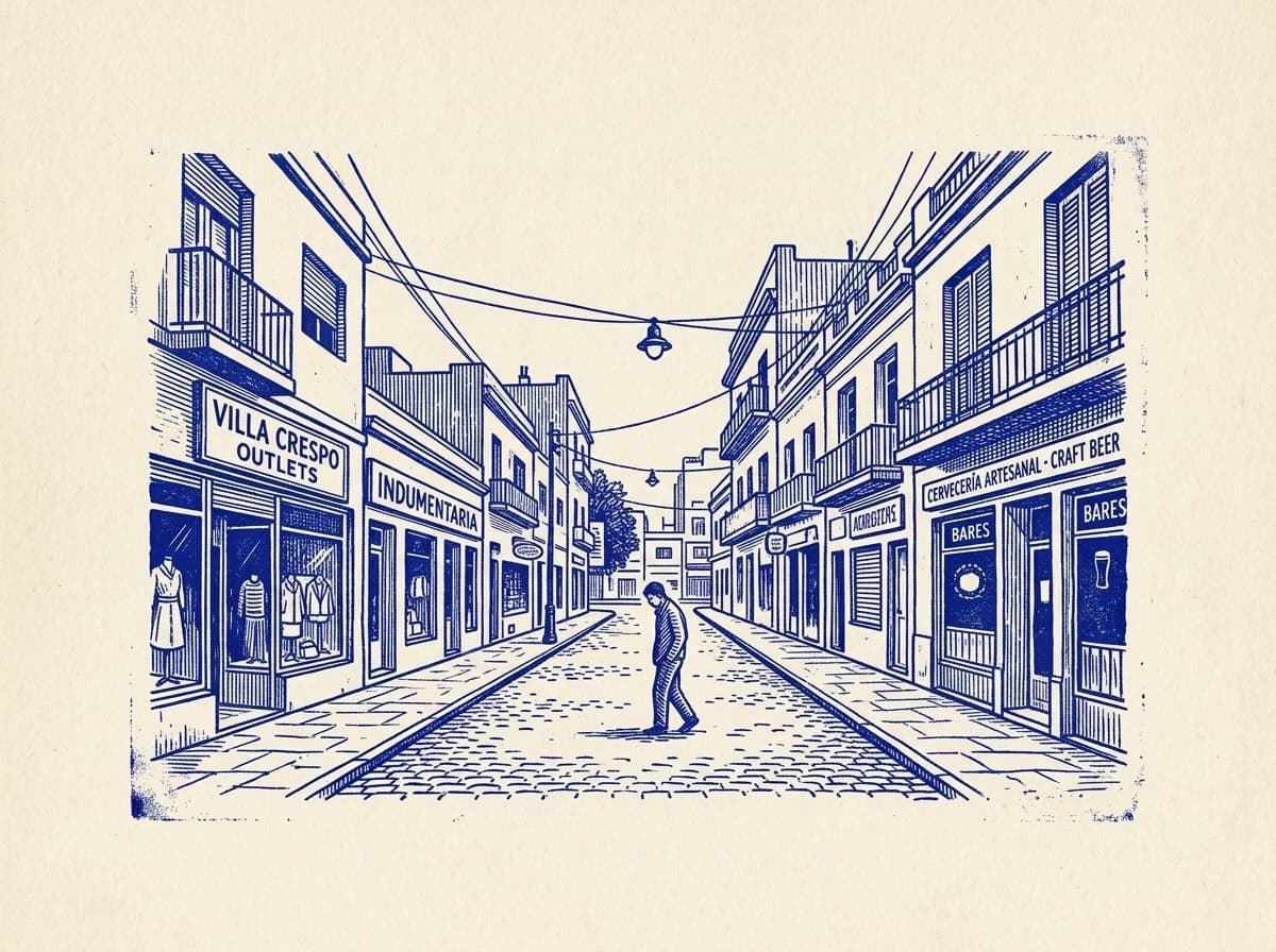 Villa Crespo, ilustración grabada en azul cobalto sobre papel crema