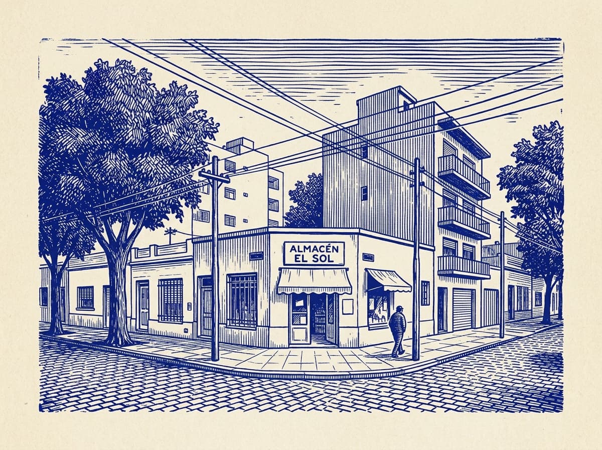 Villa Gral. Mitre, ilustración grabada en azul cobalto sobre papel crema
