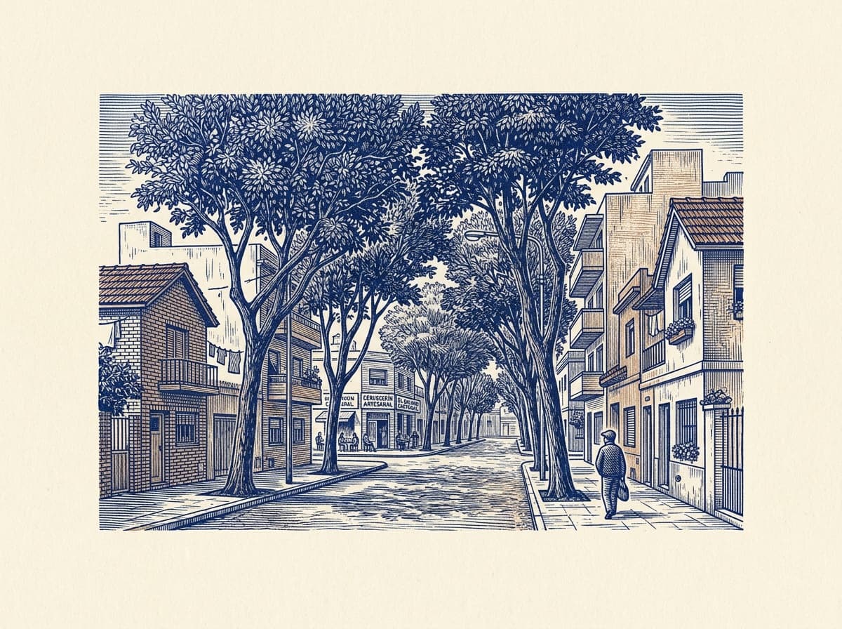 Villa Ortuzar, ilustración grabada en azul cobalto sobre papel crema