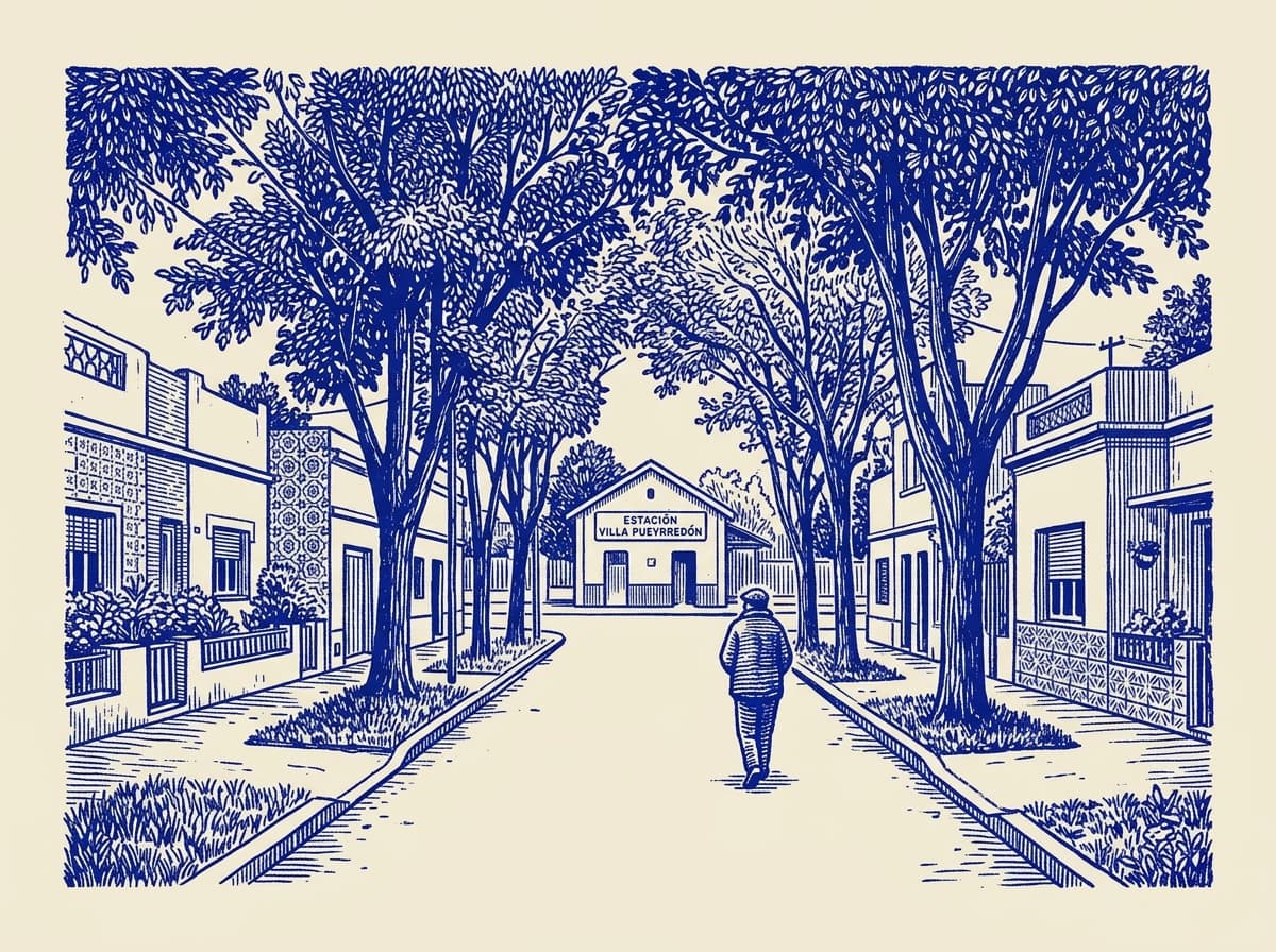 Villa Pueyrredon, ilustración grabada en azul cobalto sobre papel crema