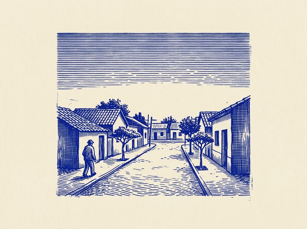 Villa Real, ilustración grabada en azul cobalto sobre papel crema