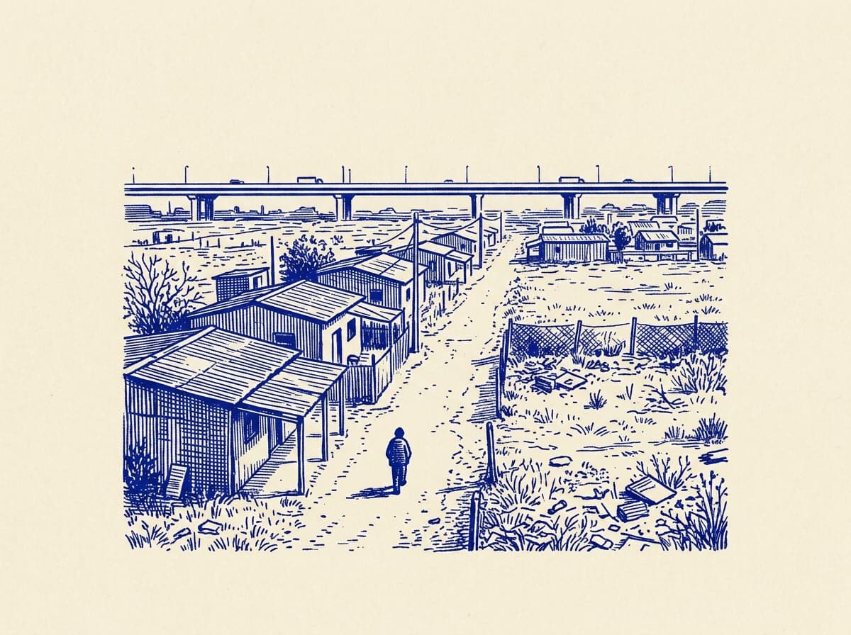 Villa Riachuelo, ilustración grabada en azul cobalto sobre papel crema