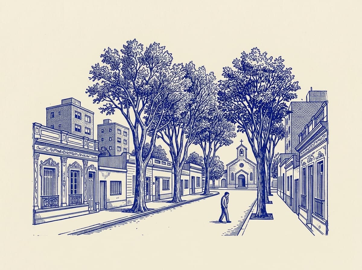Villa Santa Rita, ilustración grabada en azul cobalto sobre papel crema