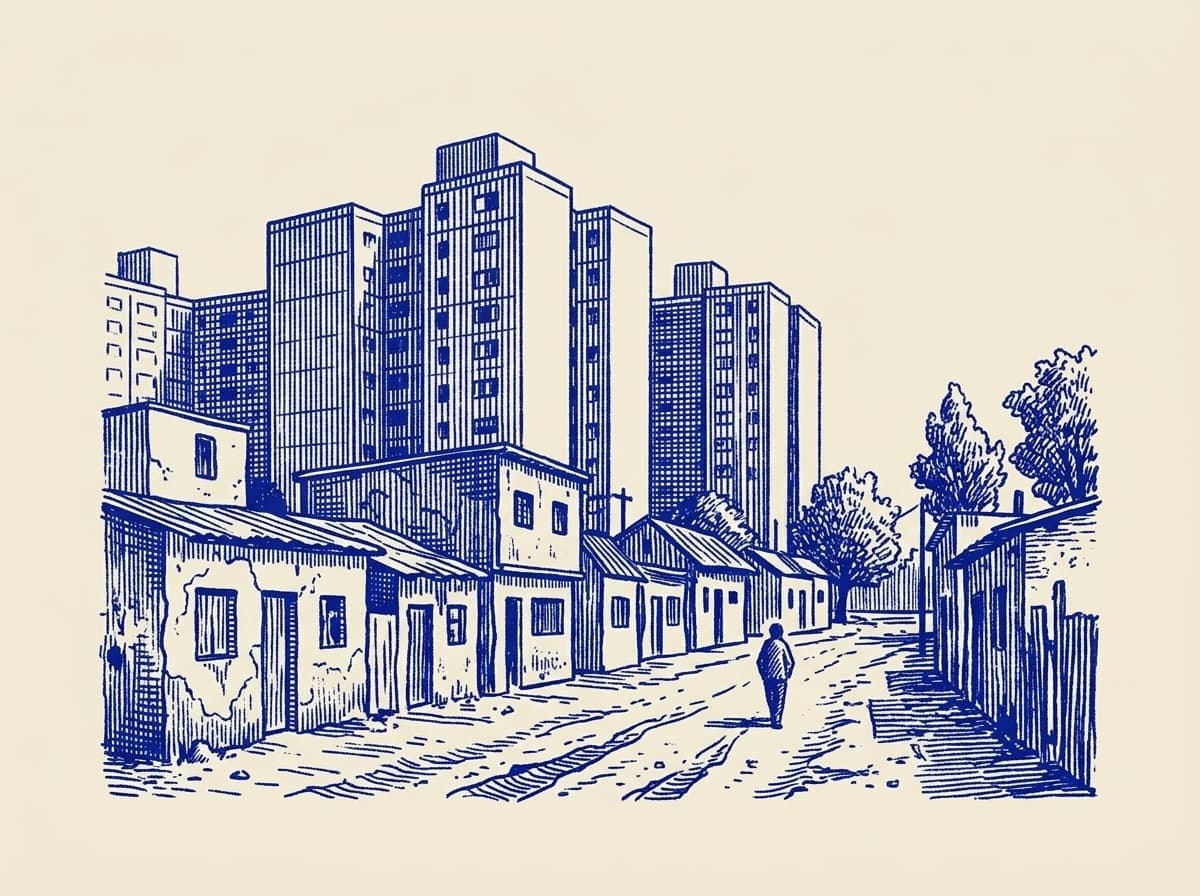 Villa Soldati, ilustración grabada en azul cobalto sobre papel crema