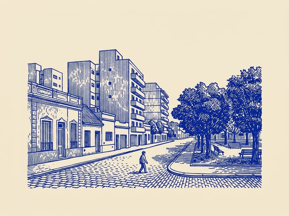 Villa Urquiza, ilustración grabada en azul cobalto sobre papel crema